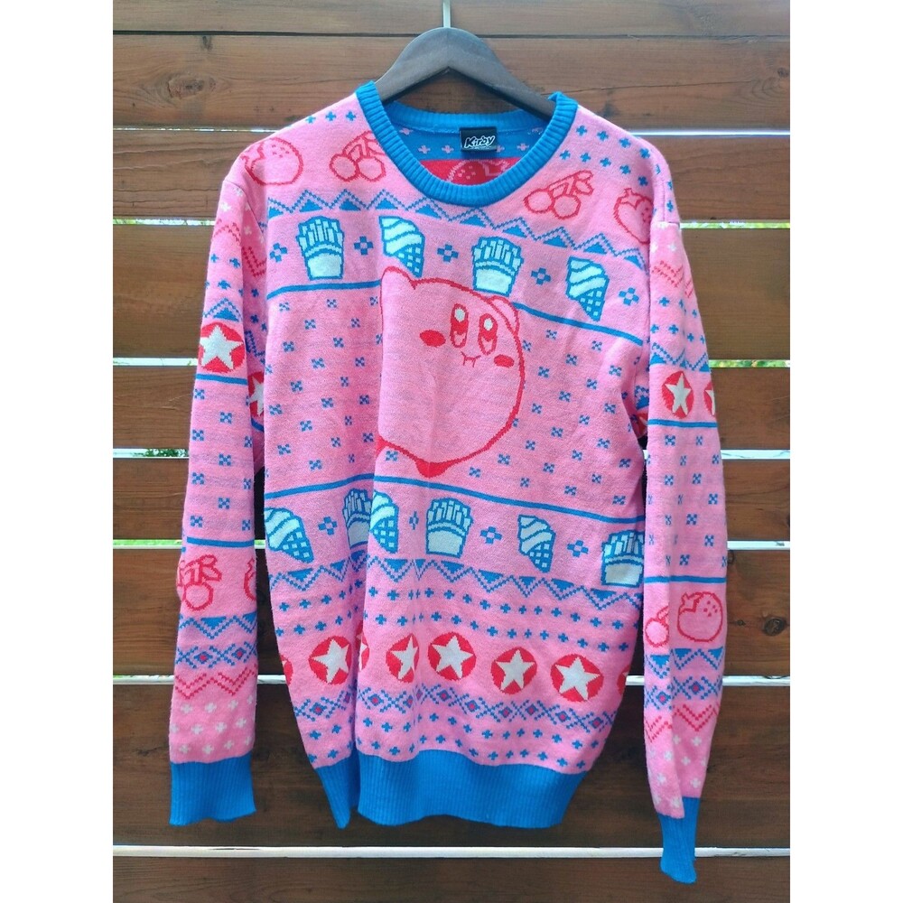 Kirby Nintendo Graphic Knit Pullover Sweater XL Crew Neck Pink/Blue Kawaii